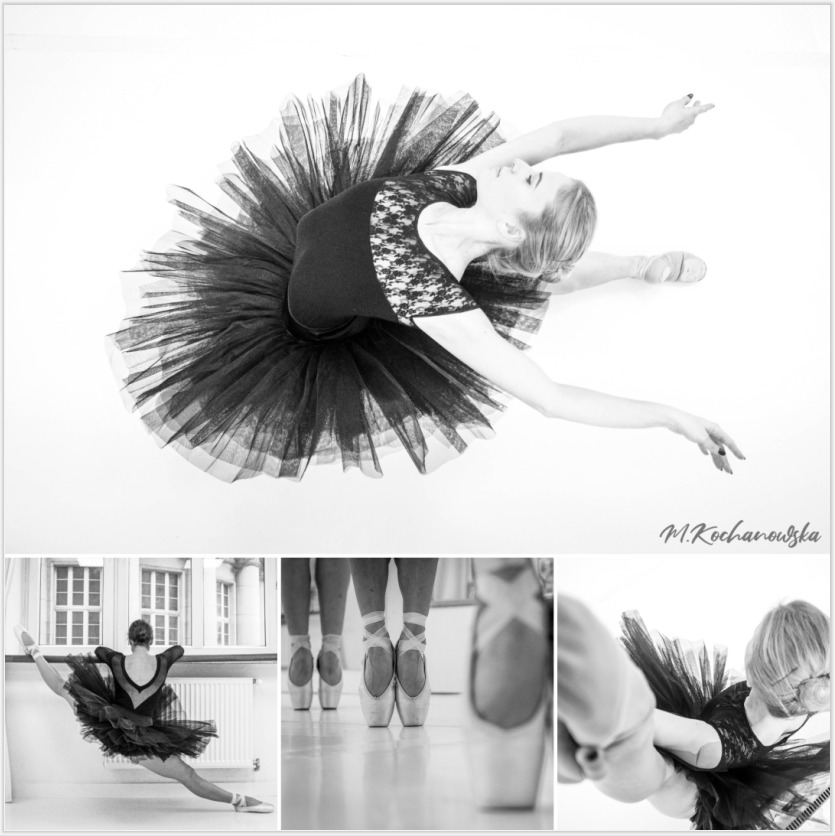 Czarno-biała kompozycja zdjęć: balerina w czarnym stroju tanecznym, ujęcie z góry podczas rozciągania, zbliżenie na pointy oraz ćwiczenia przy balustradzie w sali baletowej.