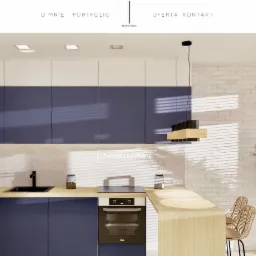 Wizualizacja nowoczesnej kuchni z niebieskimi szafkami i drewnianym blatem, zrealizowana w Warszawie dla Northarch.pl, z widocznym oświetleniem i dekoracjami.