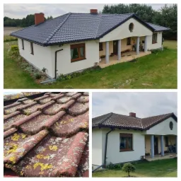 Dom jednorodzinny po renowacji: górny kadr prezentuje nowy, grafitowy dach i świeżo pomalowaną, kremową elewację; dolny lewy kadr ukazuje detale starej, czerwonej dachówki z mchem i porostami...