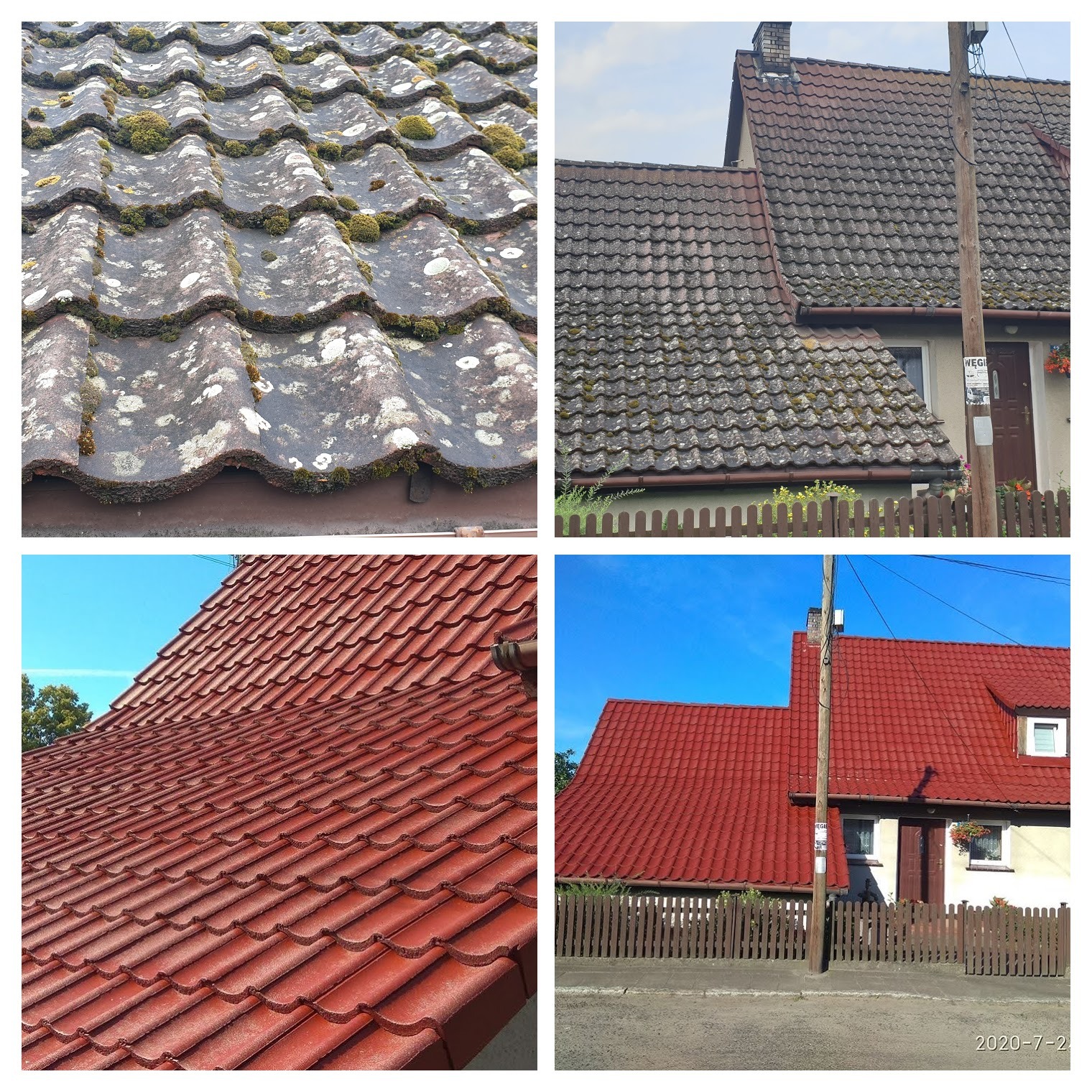 Mozaika zdjęć przedstawiająca dach przed i po czyszczeniu lub malowaniu, z widocznym mchem na starych dachówkach i jaskrawoczerwonym kolorem po renowacji.