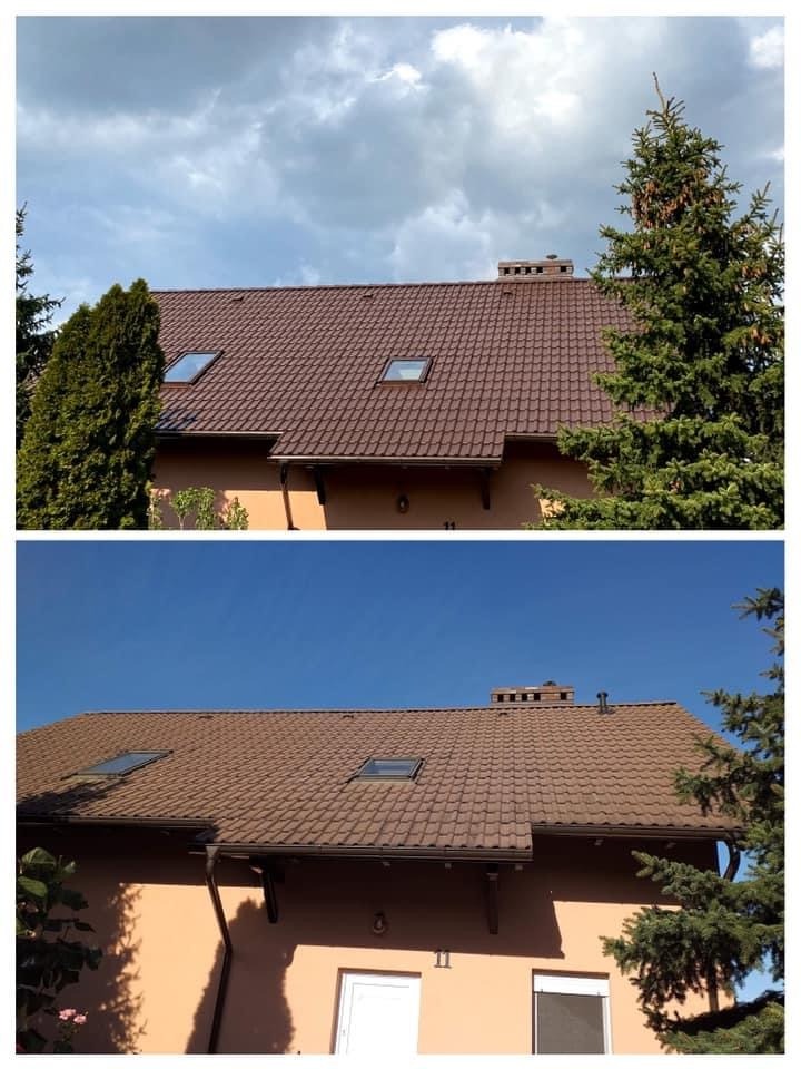 Porównanie dachu przed i po: brązowa dachówka z oknami dachowymi, widoczne różnice w czystości i kolorze pod różnym oświetleniem.