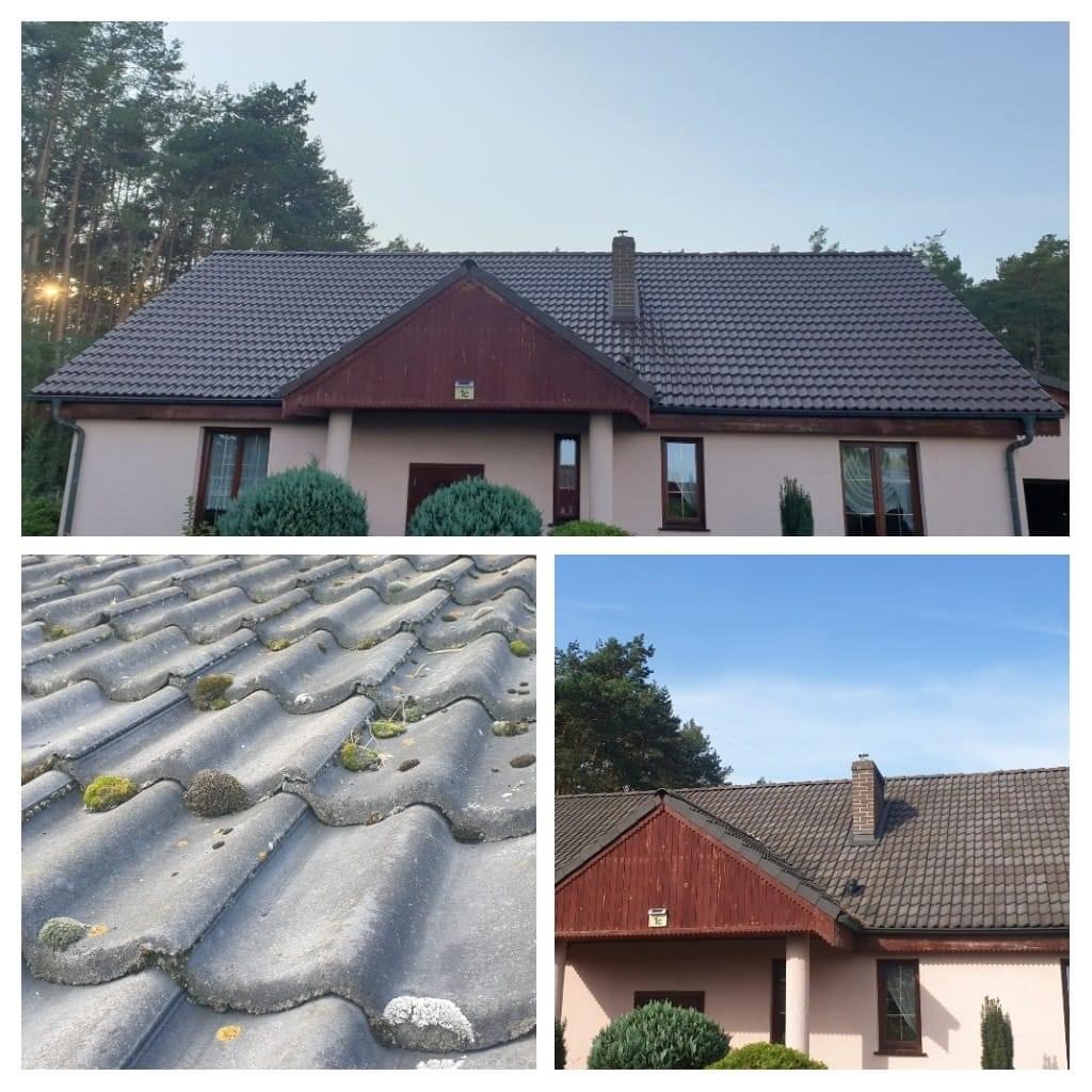 Trzy ujęcia dachu z brązowej dachówki: widok ogólny domu z dachem, zbliżenie na dachówkę pokrytą mchem i porostami, oraz fragment dachu z kominem na tle błękitnego nieba.