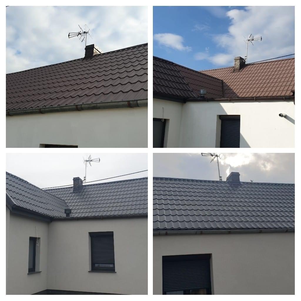 Dom jednorodzinny z brązowym dachem z blachodachówki i anteną telewizyjną na kominie, widok z czterech różnych perspektyw, prezentujący również białą elewację i szare rynny.