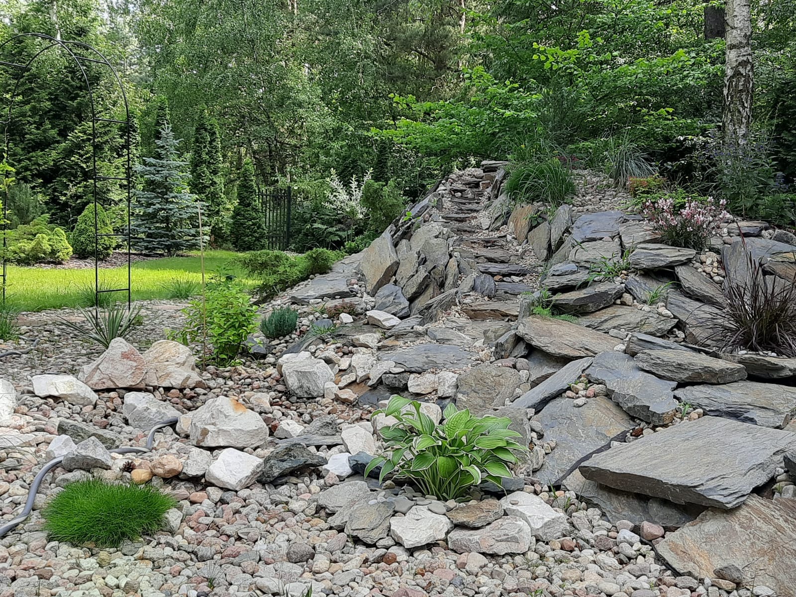 Aranżacja skalniaka z kamiennymi schodkami, roślinami ozdobnymi i żwirowym podłożem. W tle zielony trawnik i drzewa.