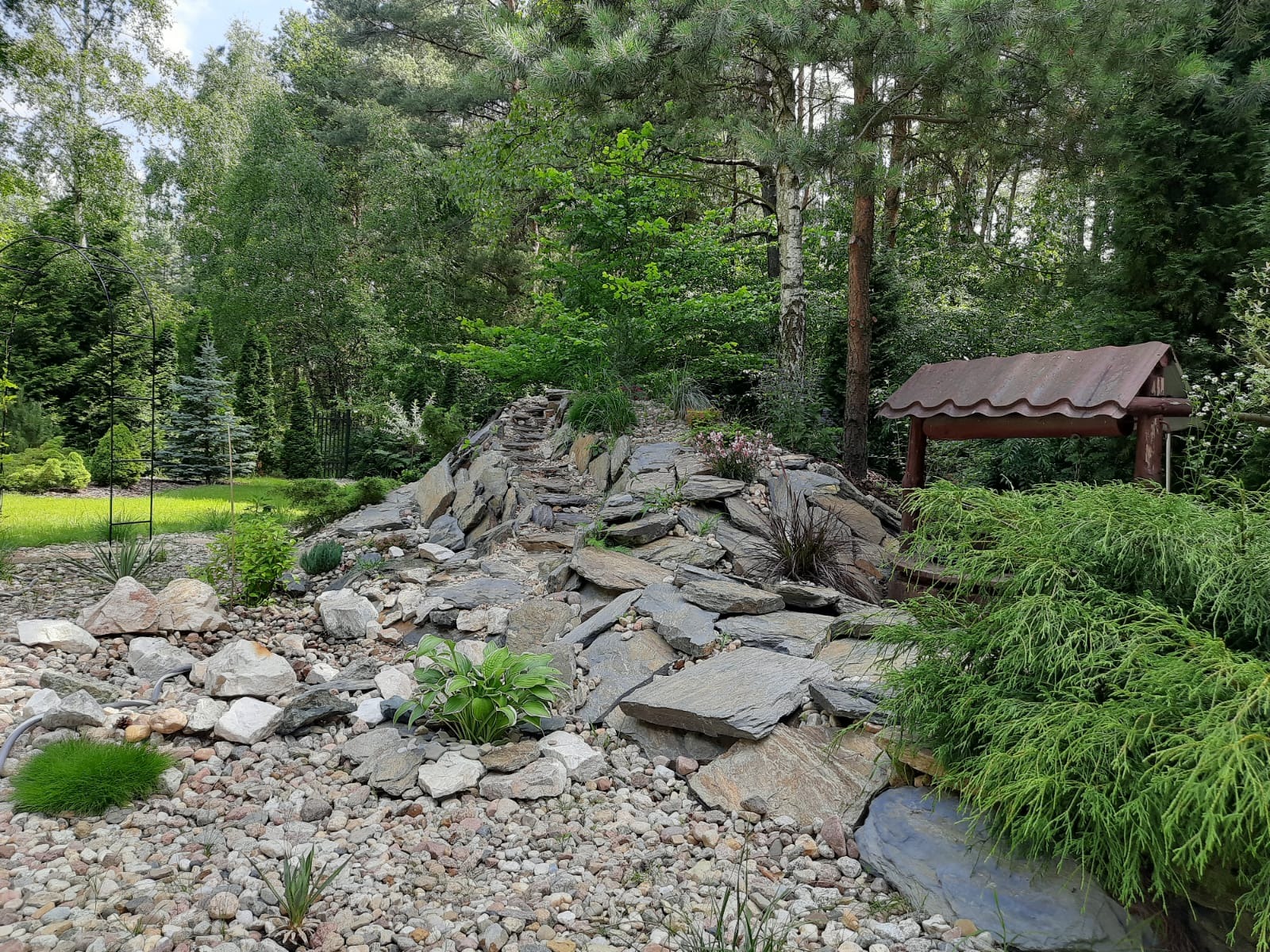 Ogród skalny z kaskadą z płaskich kamieni i różnorodną roślinnością. W tle drzewa i krzewy, mała architektura ogrodowa. Ujęcie w słoneczny dzień.