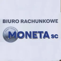 Logo firmy Biuro Rachunkowe MONETA sc z symbolem monety w tle nazwy.