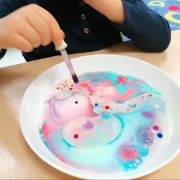 Dziecko dodaje kolorowe krople do mleka w białym talerzu za pomocą pipety, tworząc artystyczne wzory.