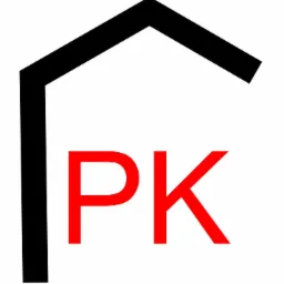 Logo firmy z czarnym obrysem dachu domu i czerwonym napisem 'PK' wewnątrz.