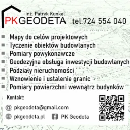 Wizytówka geodety Patryka Kunkela z listą oferowanych usług, adresem e-mail, stroną internetową, Facebookiem i kodem QR, na tle mapy geodezyjnej.