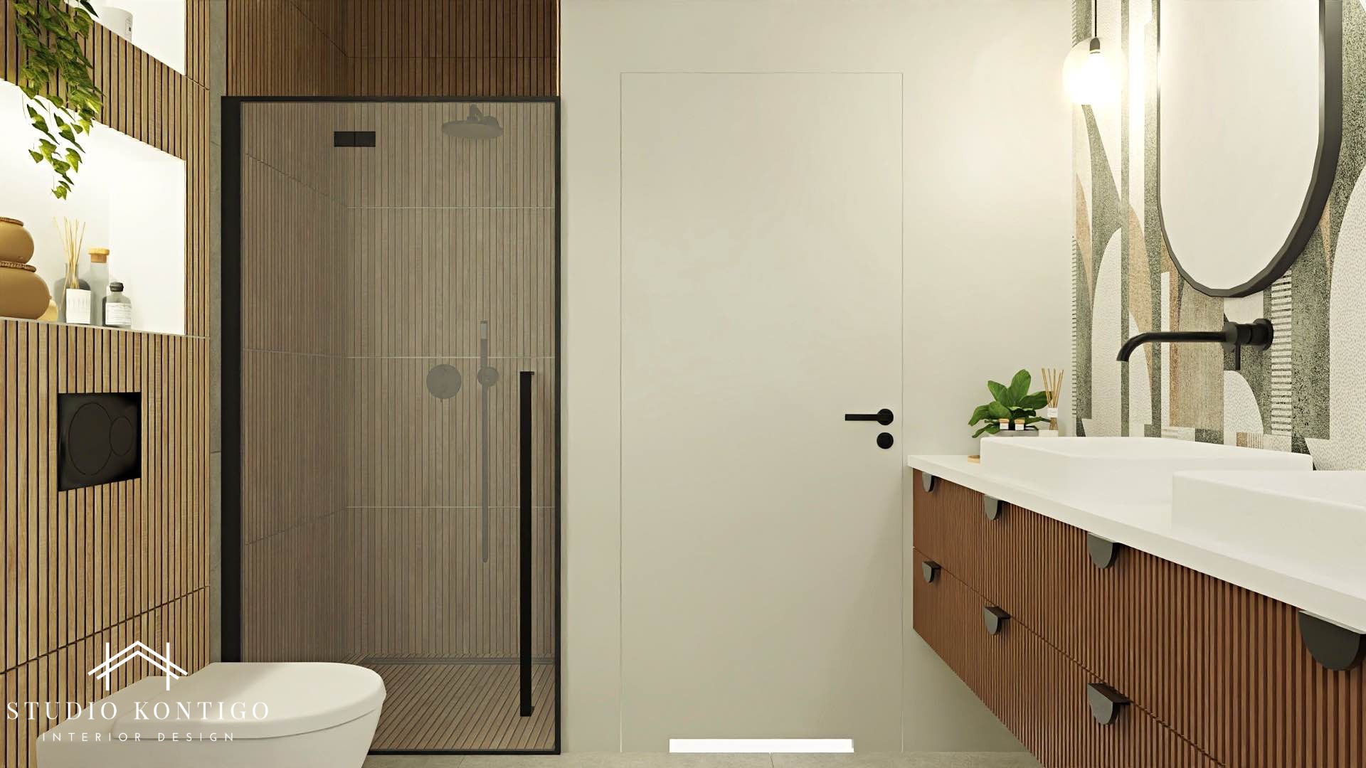 Nowoczesna łazienka z kabiną prysznicową, umywalką nablatową, drewnianymi lamelami na ścianach i minimalistyczną armaturą w kolorze czarnym.