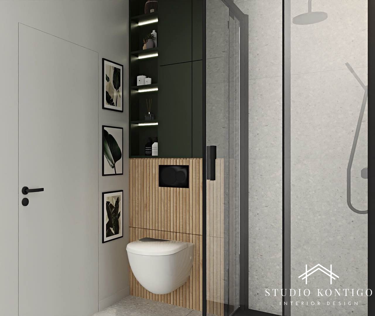Nowoczesna łazienka z podwieszaną toaletą obudowaną drewnianymi lamelami, zielonymi szafkami z półkami i czarnymi grafikami roślinnymi na ścianie, widoczna kabina prysznicowa.