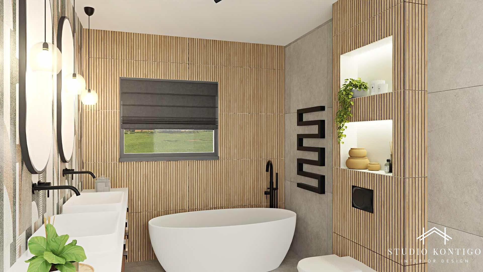 Nowoczesna łazienka z drewnianymi panelami ściennymi, owalną wanną wolnostojącą, podwójną umywalką nablatową z czarną armaturą i oświetlonymi niszami z dekoracjami.