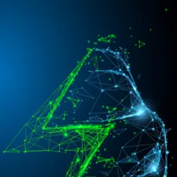 Abstrakcyjna grafika przedstawiająca symbol energii elektrycznej w formie trójkąta, wykonana z połączonych punktów i linii w kolorach zielonym i niebieskim, z napisem 'ASLANDI' i hasłem 'ZIELONA...