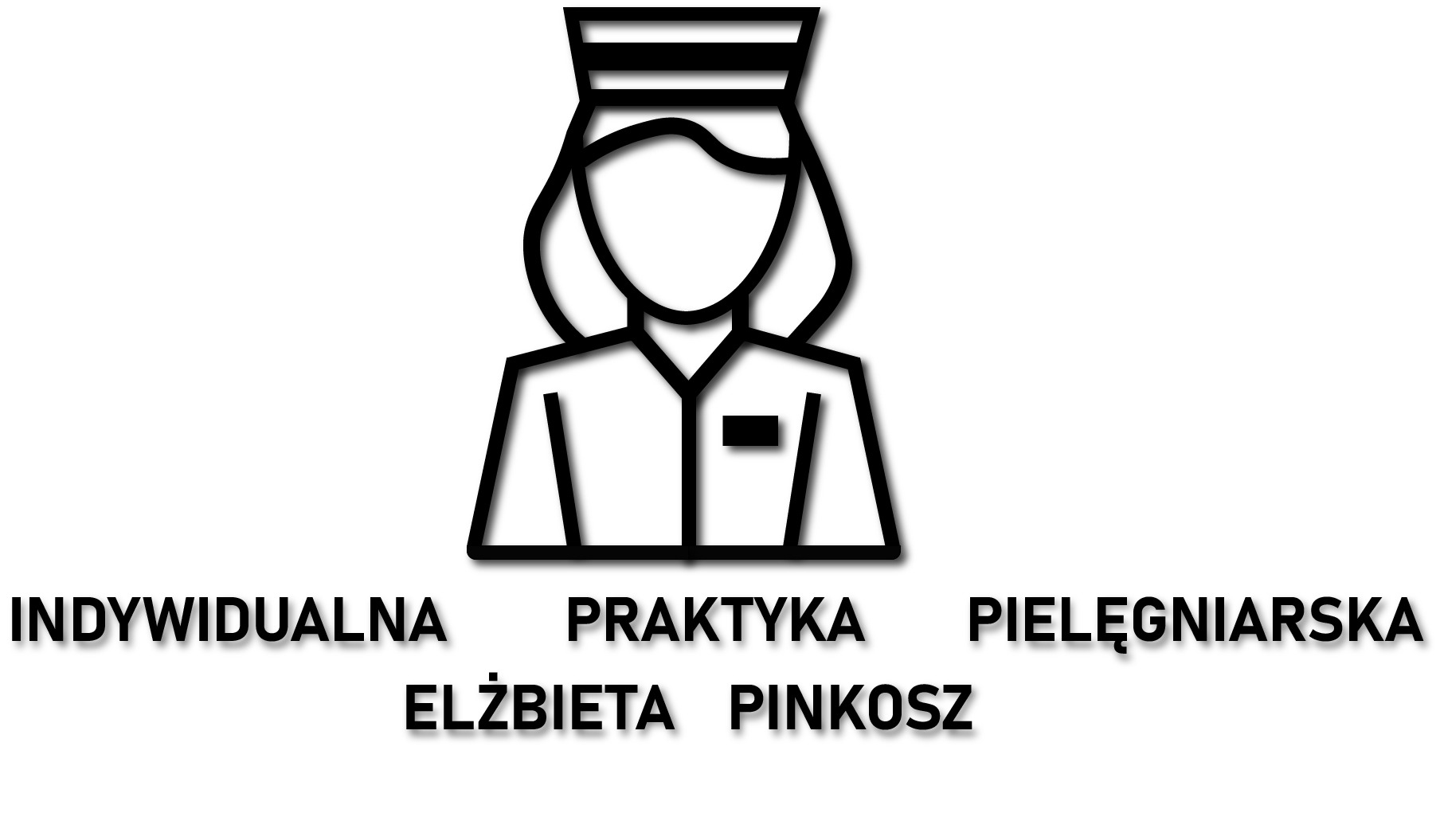 Czarno-biały ikoniczny wizerunek pielęgniarki w czepku i uniformie, poniżej tekst 'Indywidualna Praktyka Pielęgniarska Elżbieta Pinkosz'.