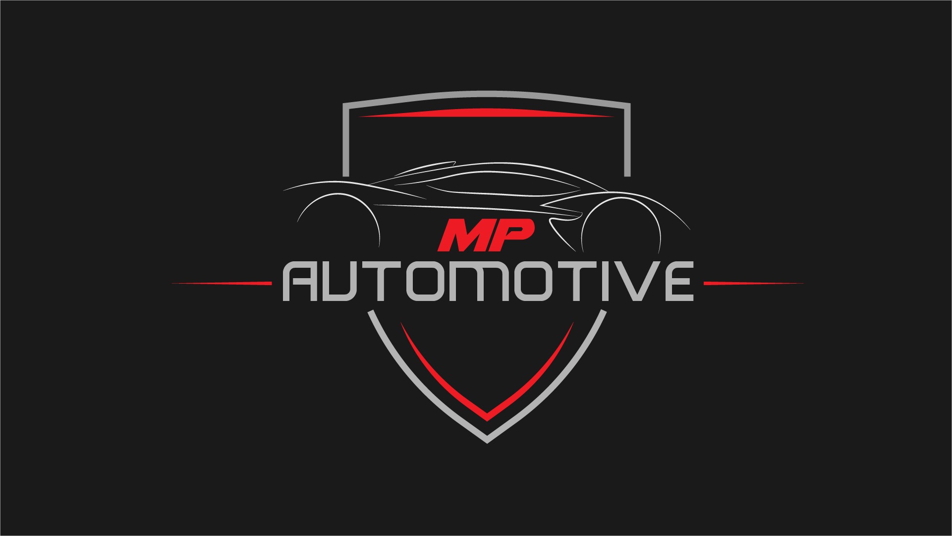 Stylizowane logo firmy motoryzacyjnej MP Automotive z konturem samochodu sportowego wewnątrz tarczy.
