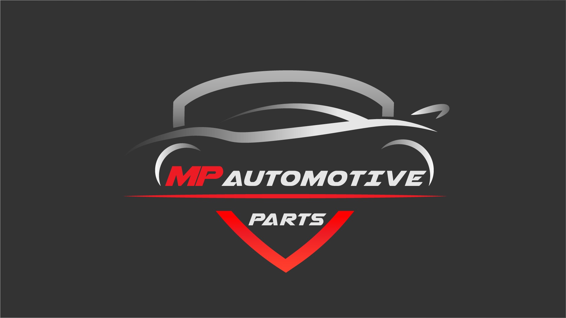 Logo MP Automotive Parts: Stylizowany srebrny kontur samochodu nad nazwą firmy, podkreśloną czerwoną linią, a pod nią czerwony symbol strzałki skierowanej w dół z napisem 'PARTS' w środku, wszystko...