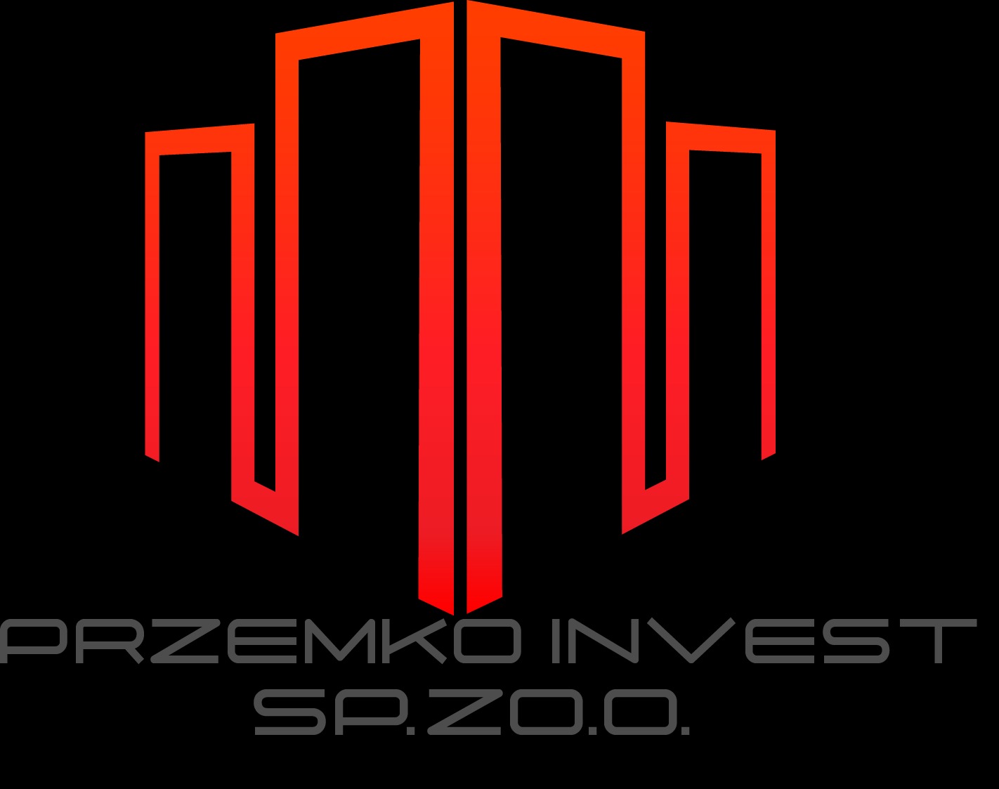 Logo firmy Przemko Invest Sp. z o.o. przedstawia abstrakcyjny, czerwono-pomarańczowy symbol budynków na czarnym tle.