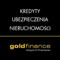Grafika z napisem Kredyty, Ubezpieczenia, Nieruchomości, oddzielone złotą linią, poniżej logo Gold Finance eksperci finansowi na czarnym tle.