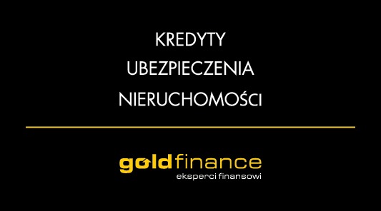 Grafika z napisem Kredyty, Ubezpieczenia, Nieruchomości, oddzielone złotą linią, poniżej logo Gold Finance eksperci finansowi na czarnym tle.
