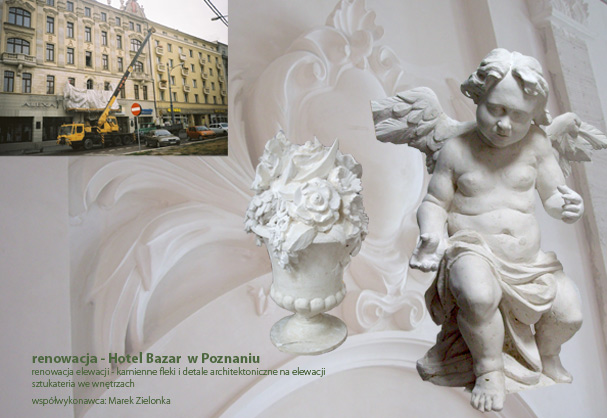 Renowacja Hotelu Bazar w Poznaniu: zbliżenie na gipsowe detale architektoniczne - aniołek i wazon z różami na tle odrestaurowanej elewacji, widoczny fragment budynku w tle.