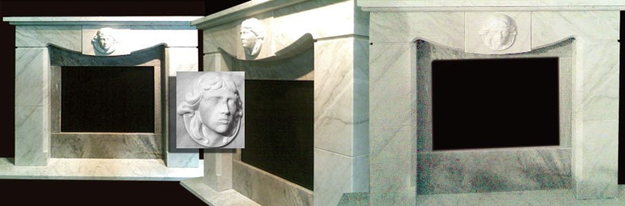 Marmurowy portal kominkowy z płaskorzeźbą głowy, prezentowany w trzech ujęciach, z dodatkowym zbliżeniem płaskorzeźby.