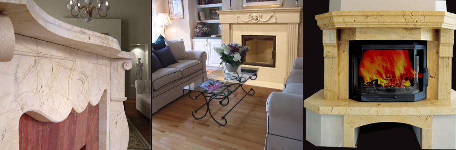 Kompilacja zdjęć: Fragment marmurowego kominka z dekoracyjnymi wyżłobieniami, kominek z jasnego kamienia w salonie z sofą i stolikiem kawowym, oraz kominek z płonącym ogniem w palenisku.