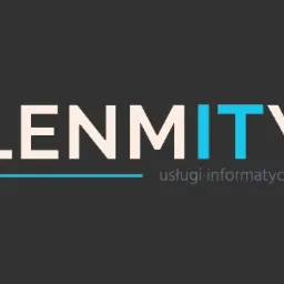 Logo firmy informatycznej LENMITY z niebieskim akcentem na literze 'I' i dopiskiem 'usługi informatyczne' poniżej, na ciemnoszarym tle.