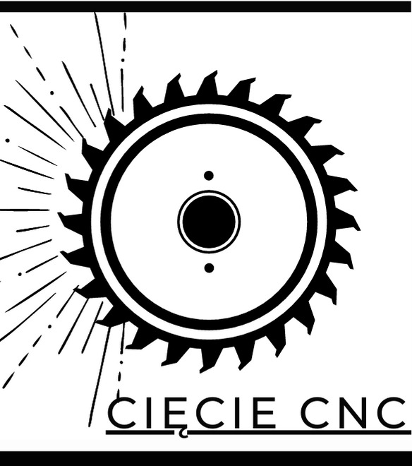 Czarno-biała grafika wektorowa przedstawiająca piłę tarczową z promienistymi liniami i napisem 'CIĘCIE CNC' w dolnej części.