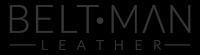 Logo firmy Beltman Leather na czarnym tle, minimalistyczny design z geometrycznymi literami.