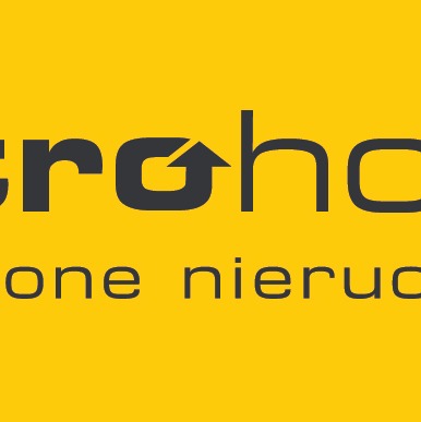 Logo firmy nieruchomości z czarnym napisem na żółtym tle, stylizowane 'G' jako strzałka w górę.