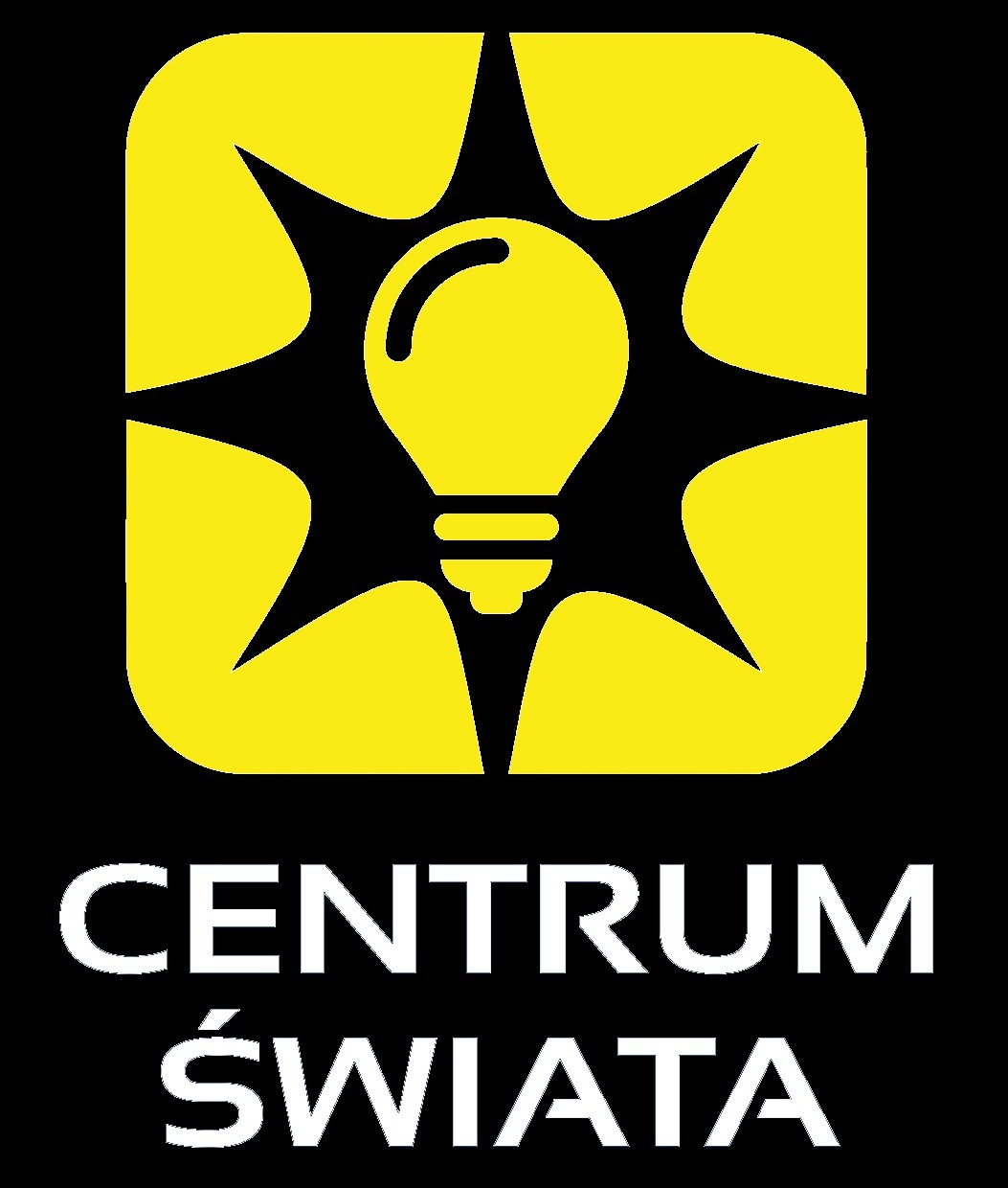 Żółto-czarne logo firmy z żarówką otoczoną promieniami i napisem 'CENTRUM ŚWIATA'.