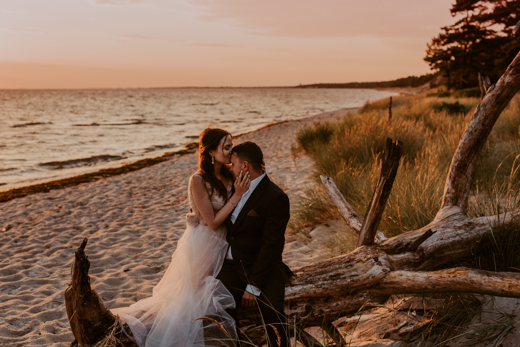 Para młoda na plaży o zachodzie słońca, panna młoda całuje pana młodego w czoło, siedząc na powalonym pniu drzewa, w tle morze i trawa.