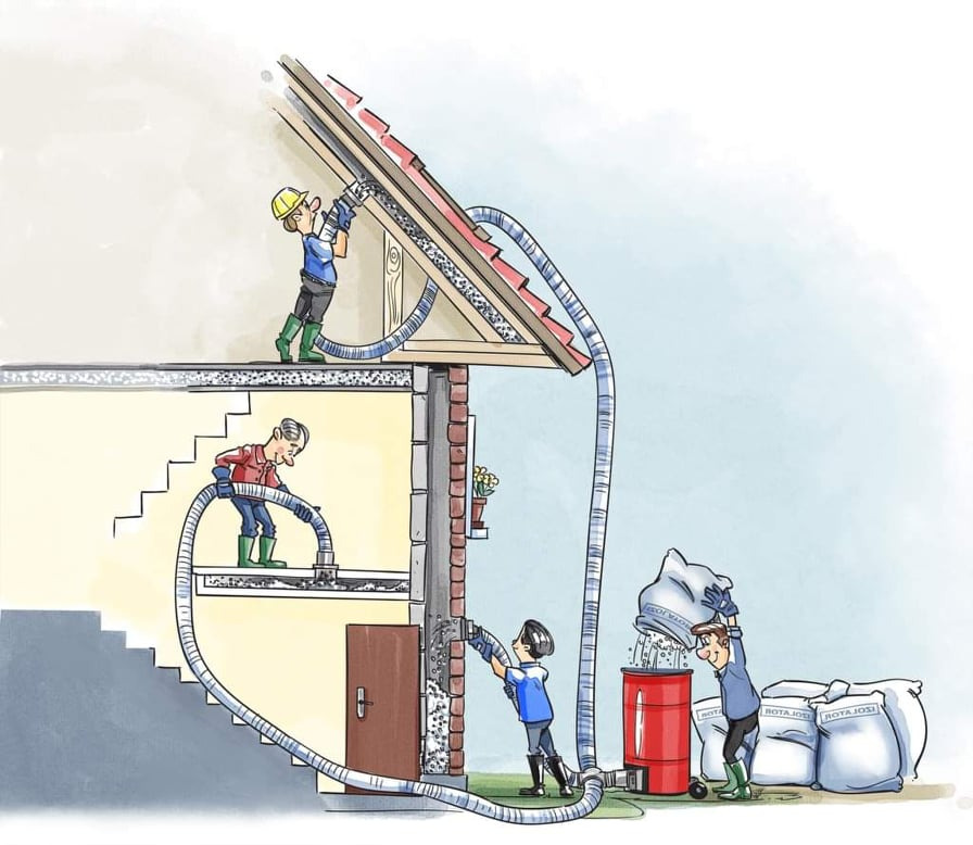 Ilustracja przedstawiająca proces ocieplania domu, z trzema postaciami w trakcie pracy: jedna ociepla poddasze, druga ścianę, a trzecia obsługuje maszynę do wdmuchiwania izolacji. Widoczne worki...