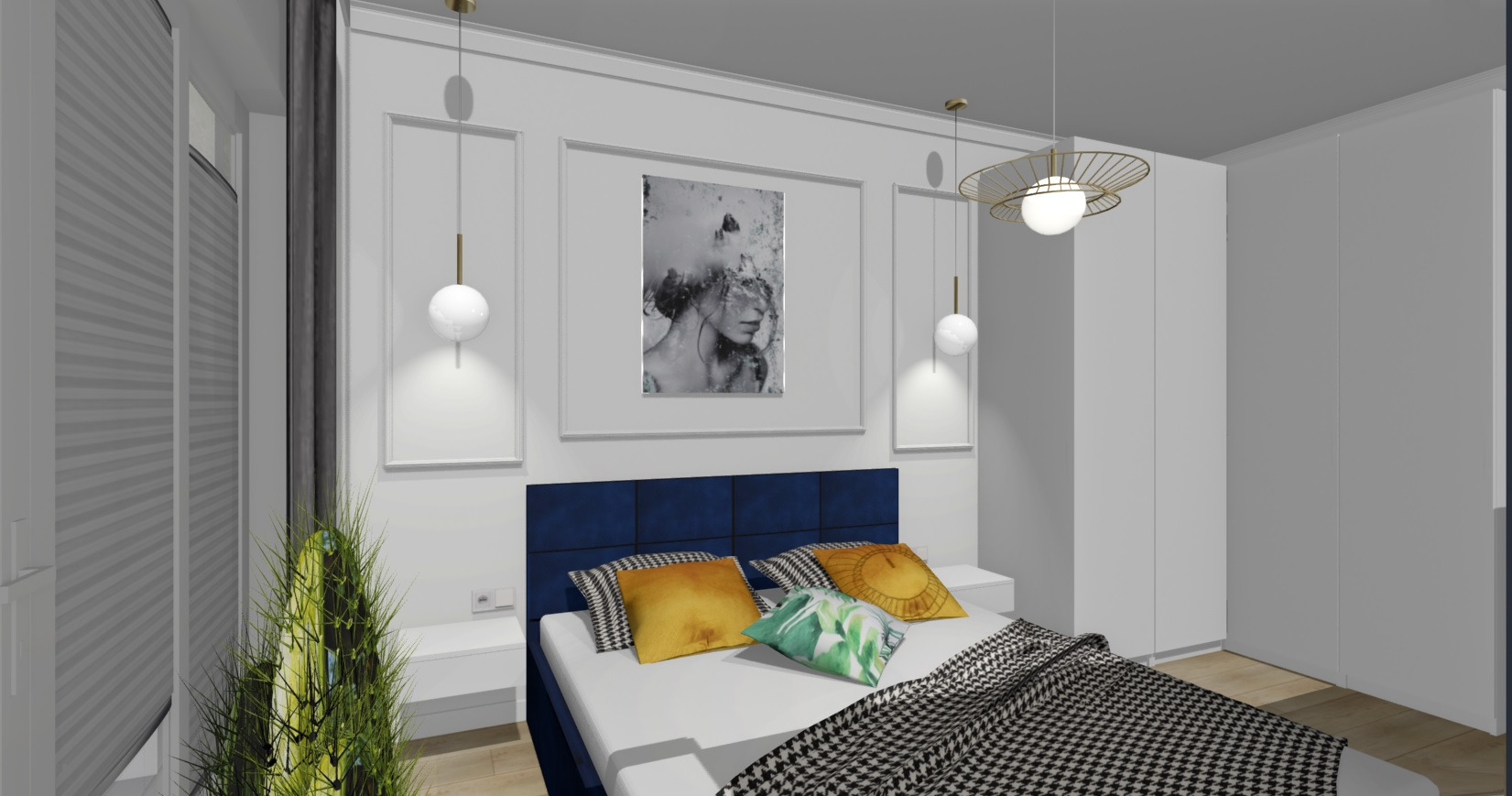 Wizualizacja sypialni z niebieskim tapicerowanym zagłówkiem, wzorzystą narzutą, okrągłymi lampami wiszącymi i czarno-białym portretem kobiety w ramie na ścianie.