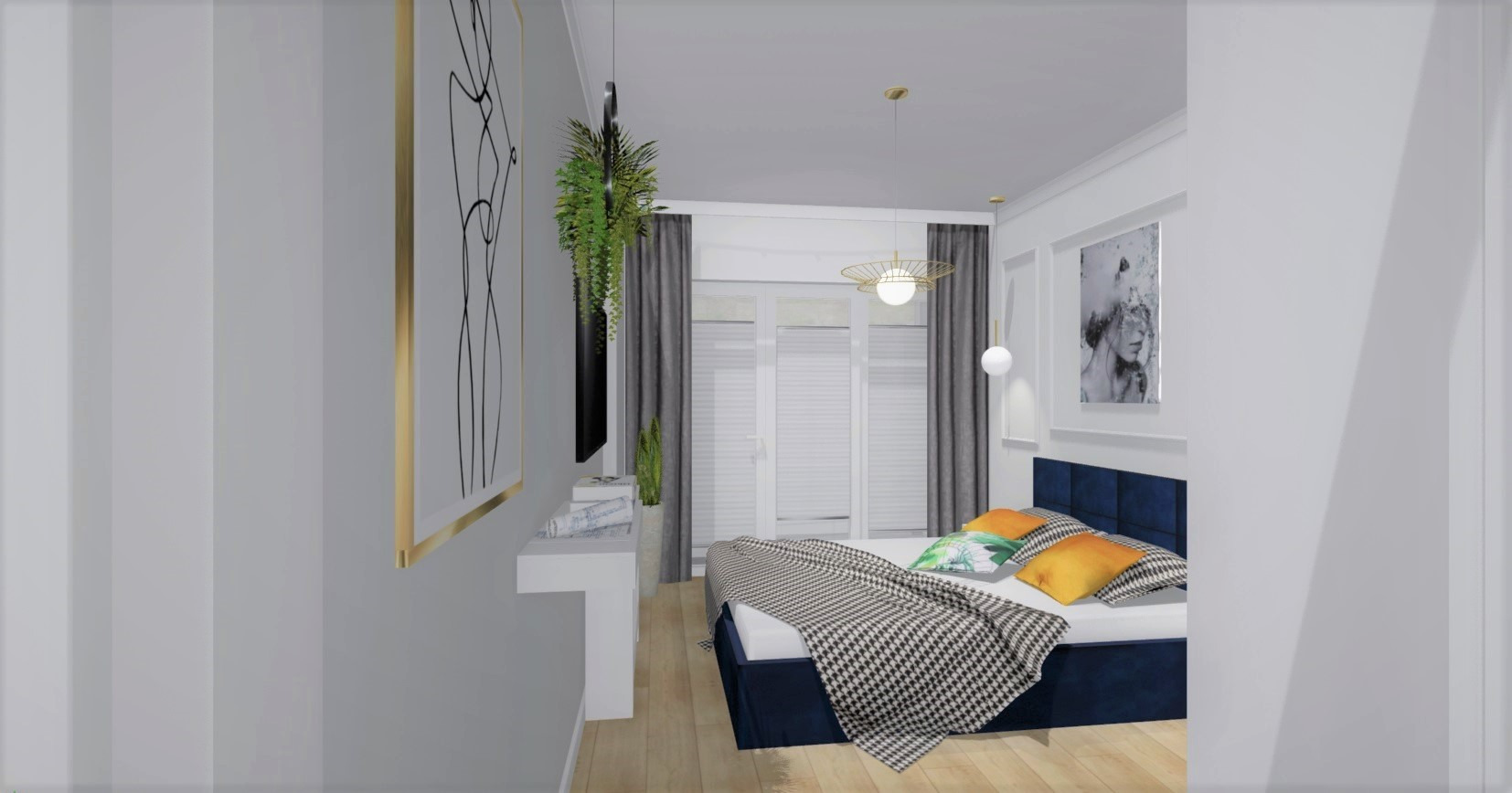 Wizualizacja sypialni w jasnych barwach z łóżkiem z granatowym wezgłowiem, wzorzystą narzutą, żółtymi i zielonymi poduszkami, minimalistycznym oświetleniem i abstrakcyjnym obrazem z motywem...