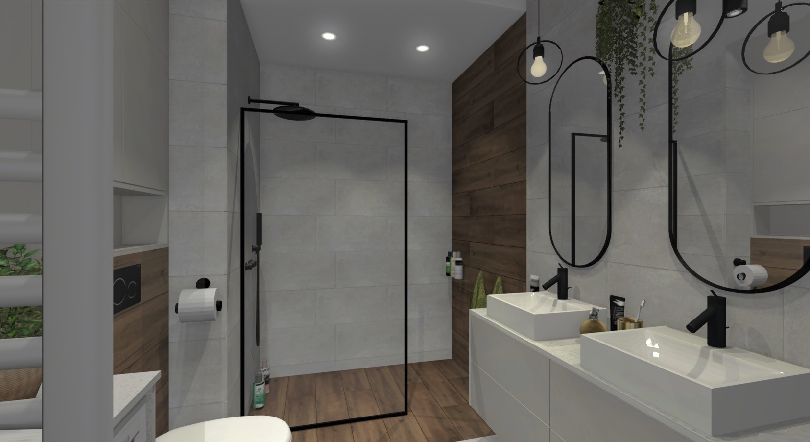 Wizualizacja nowoczesnej łazienki z drewnianymi akcentami, dwoma umywalkami nablatowymi, czarną kabiną prysznicową typu walk-in i wiszącymi lampami z żarówkami Edisona oraz owalnymi lustrami...