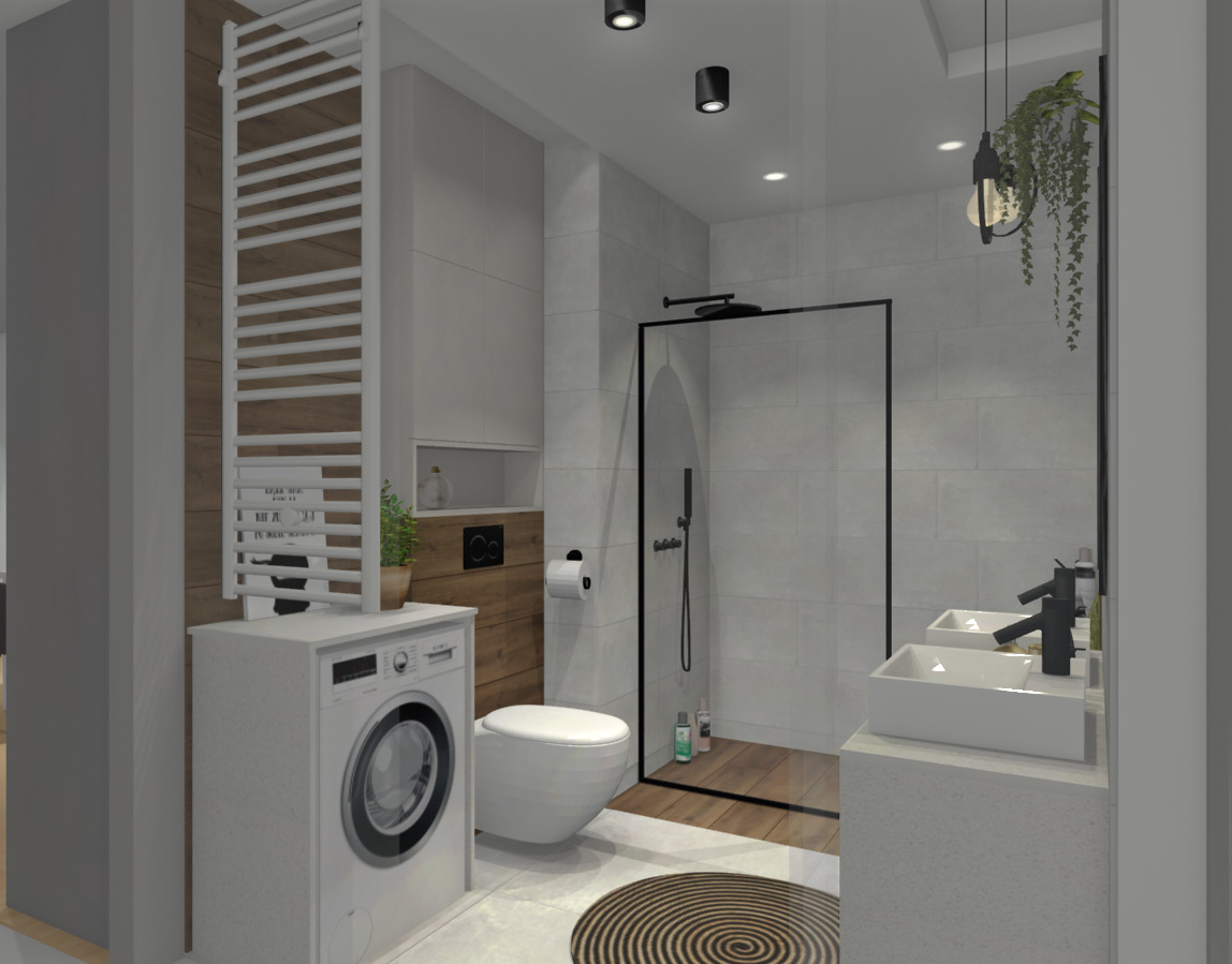 Nowoczesna łazienka z pralką zabudowaną pod grzejnikiem drabinkowym, kabiną prysznicową typu walk-in z czarną ramą, podwójną umywalką nablatową i okrągłym dywanikiem.