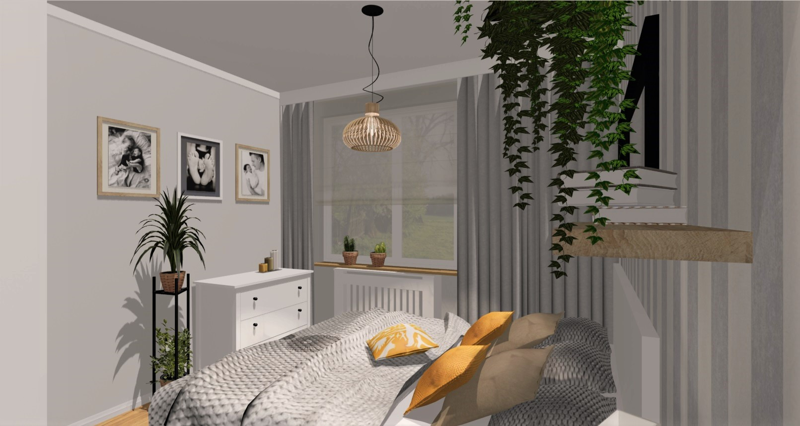 Wizualizacja sypialni z łóżkiem z szarą narzutą i żółtymi poduszkami, biała komoda z dekoracjami, rośliny doniczkowe, lampa z abażurem z plecionki, zdjęcia w ramkach na ścianie, półka z książkami...
