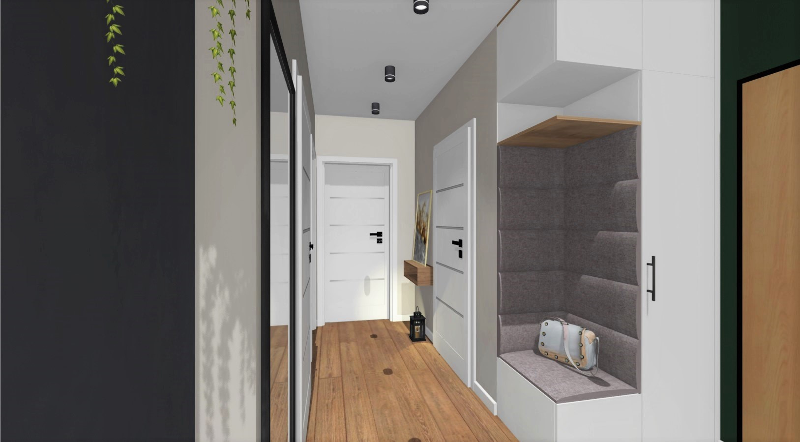 Wizualizacja przedpokoju z drewnianą podłogą, białymi drzwiami, wbudowaną szafą z szarą tapicerowaną wnęką do siedzenia i torebką, dekoracyjną latarnią oraz roślinami zwisającymi z czarnej ściany.