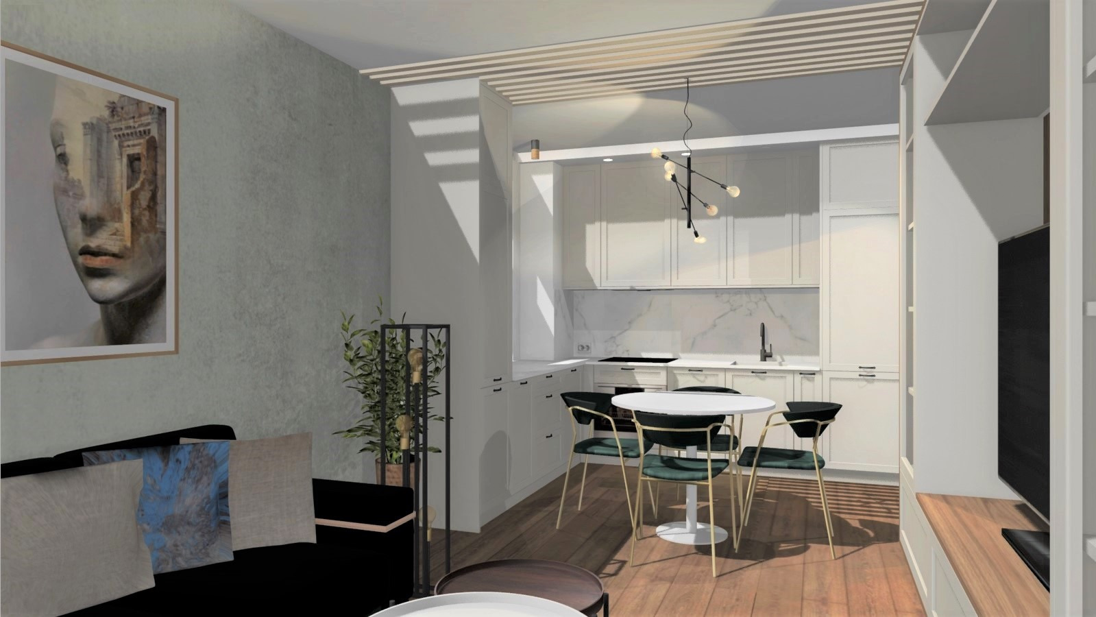 Wizualizacja salonu z aneksem kuchennym, dominują biel i drewno, na ścianie obraz w ramie, dekoracyjna lampa nad okrągłym stołem z zielonymi krzesłami.