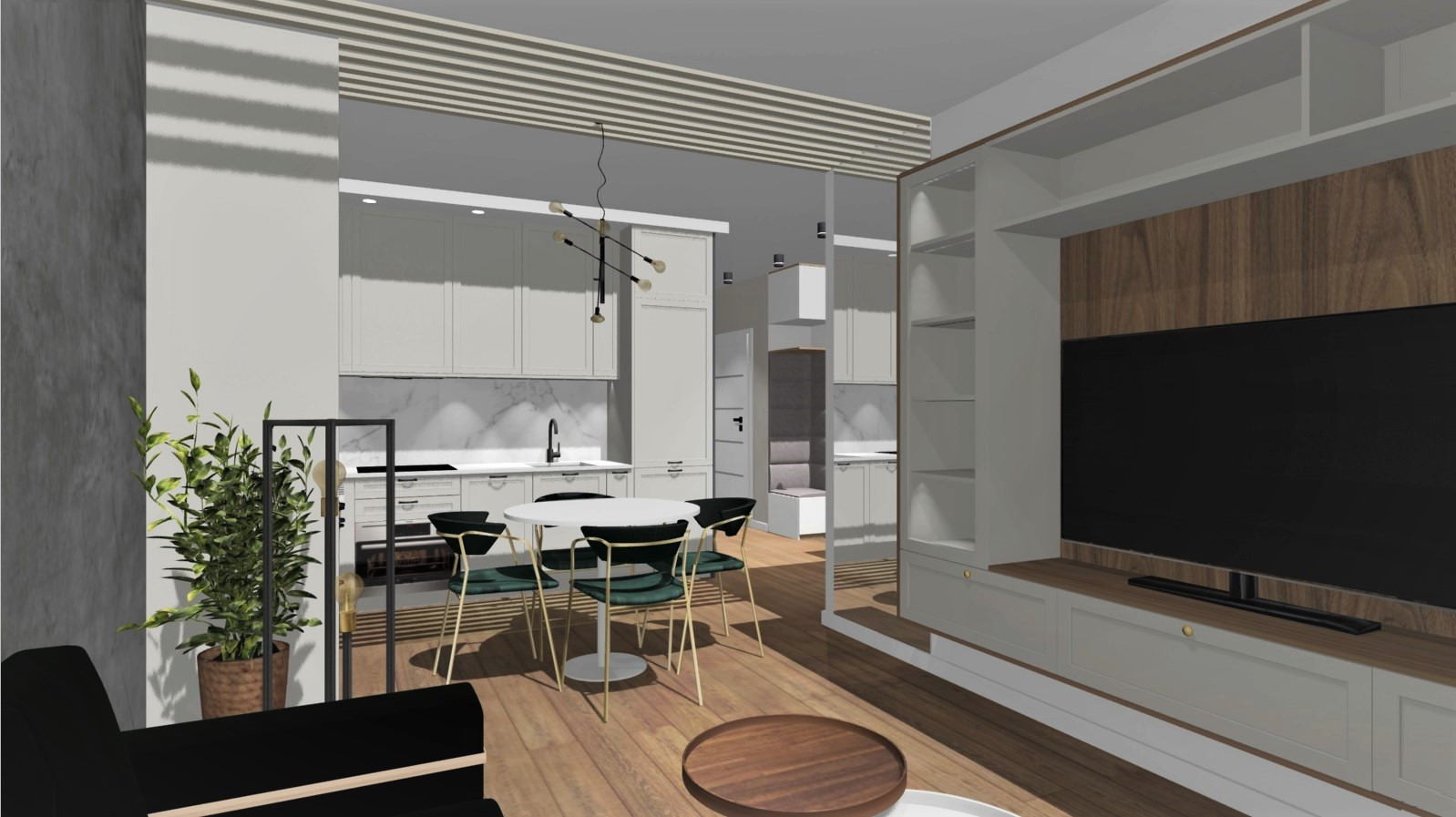 Wizualizacja wnętrza mieszkania z otwartą kuchnią, okrągłym stołem z zielonymi krzesłami i zabudową TV z drewnianym panelem.