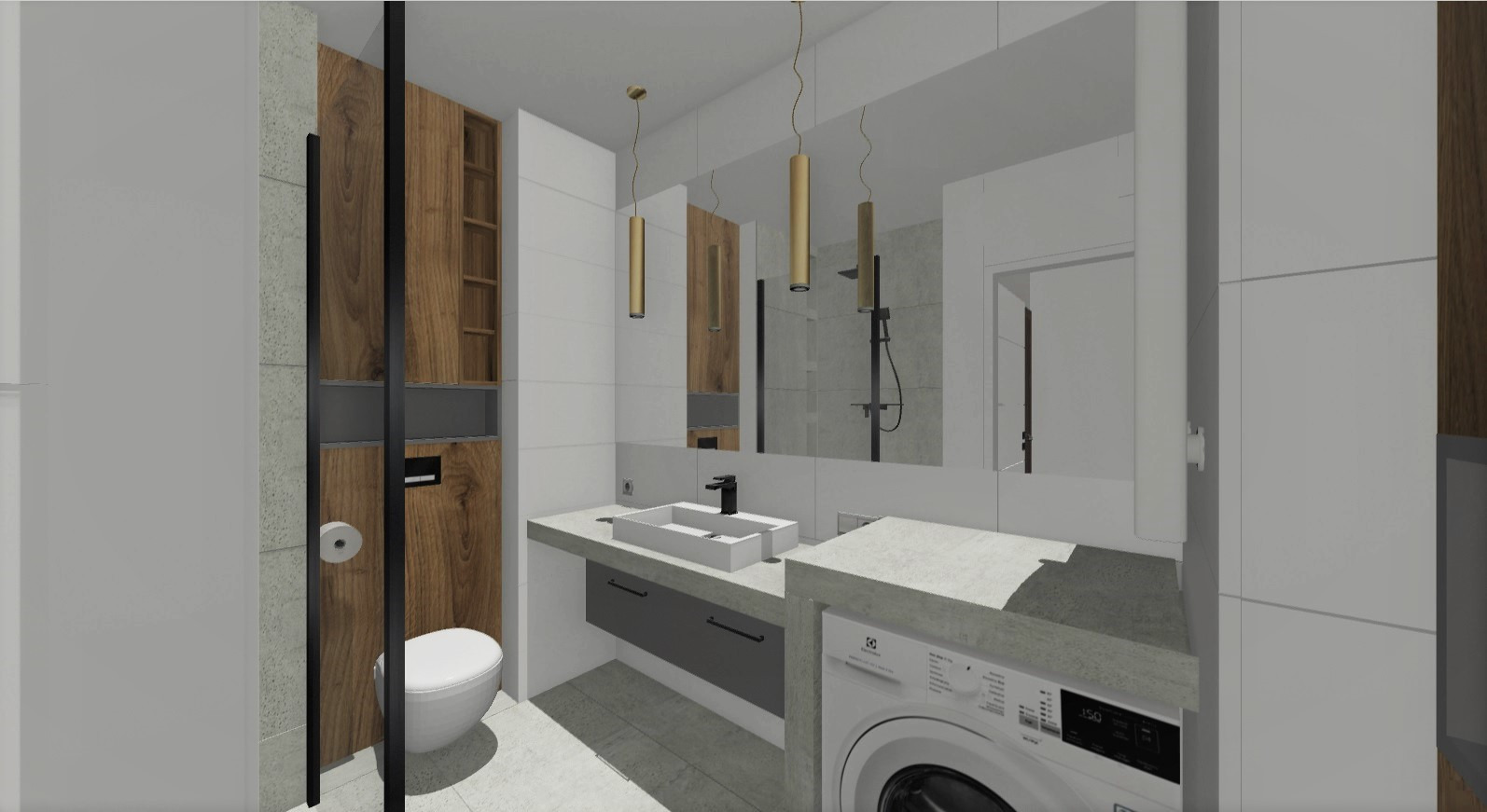 Wizualizacja nowoczesnej łazienki z drewnianymi akcentami, podwieszaną toaletą, umywalką nablatową, pralką Electrolux i wiszącymi lampami cylindrycznymi.