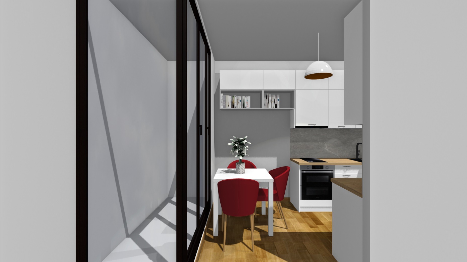 Wizualizacja kuchni z jadalnią: białe szafki, drewniany blat, czerwone krzesła przy białym stole, okno balkonowe z czarną ramą. Nowoczesny design, jasne wnętrze.