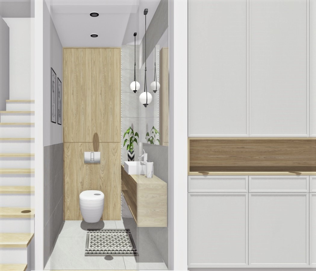 Wizualizacja nowoczesnej łazienki z toaletą podwieszaną, drewnianą zabudową i wiszącymi lampami kulami. Minimalistyczny design, jasne kolory i geometryczny dywanik.
