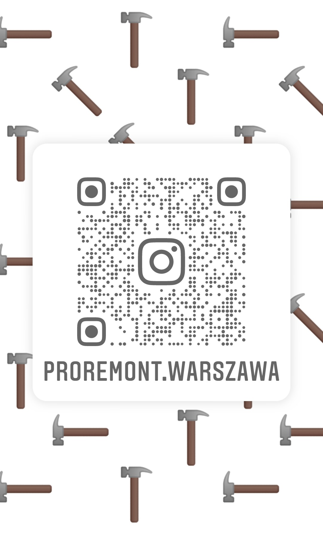 Grafika z kodem QR i nazwą 'PROREMONT.WARSZAWA' na tle wzoru z ikonami młotków.