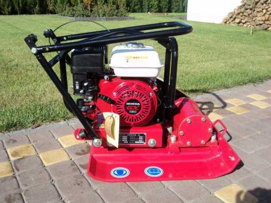 Czerwona zagęszczarka gruntu Honda GX na kostce brukowej, widoczny silnik spalinowy, czarna rama ochronna i zielony trawnik w tle.