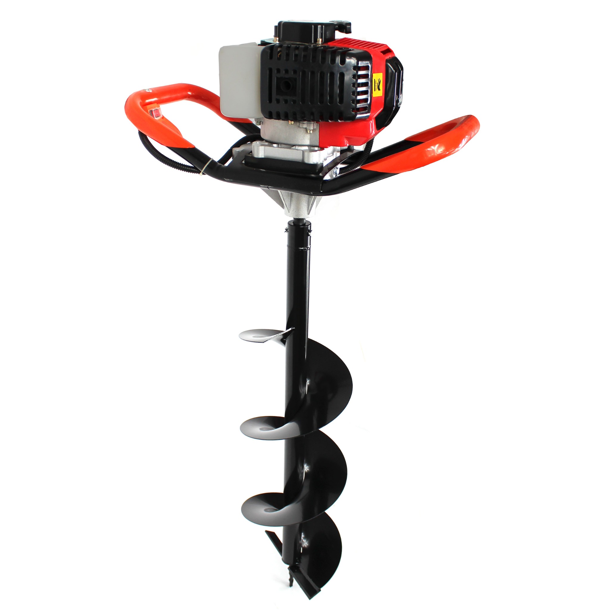 Spalinowy świder glebowy z czarnym wiertłem ślimakowym i pomarańczowymi uchwytami, prezentowany na białym tle.