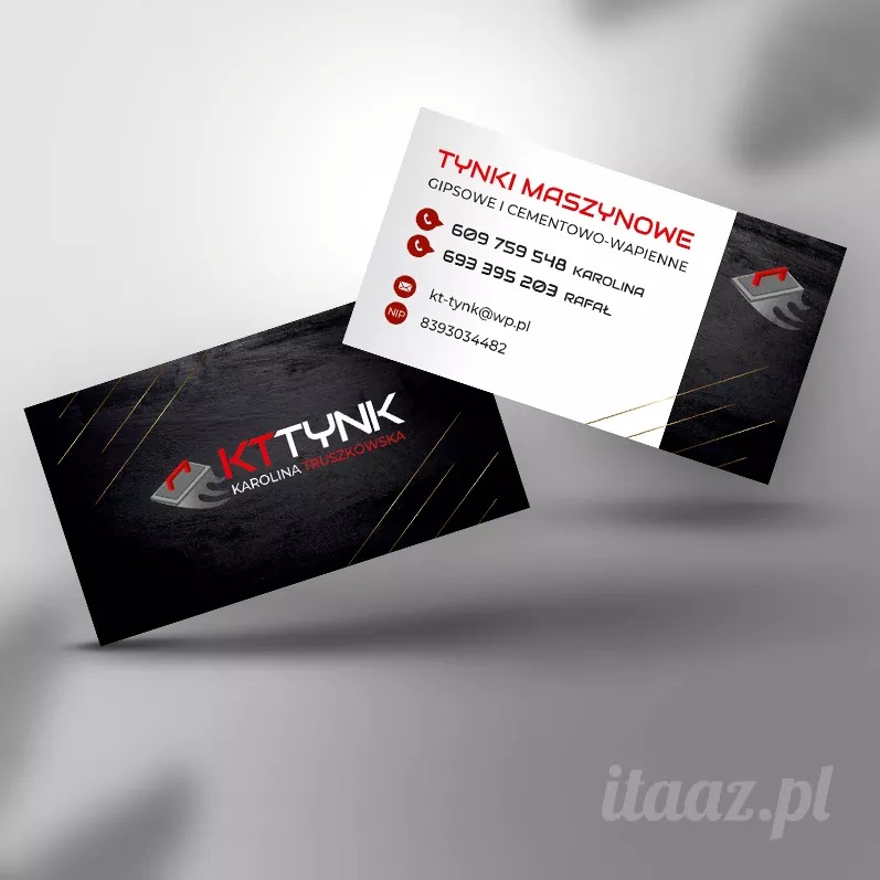 Dwie wizytówki firmy oferującej usługi tynkowania maszynowego, jedna czarna z logo KT TYNK i imieniem Karoliny Truszkowskiej, druga biała z informacjami kontaktowymi: numerami telefonów, adresem...