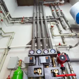 Złożona instalacja grzewcza z rurami o różnej średnicy, zaworami z czerwonymi pokrętłami, manometrami i pompą obiegową, całość umieszczona na białej ścianie.