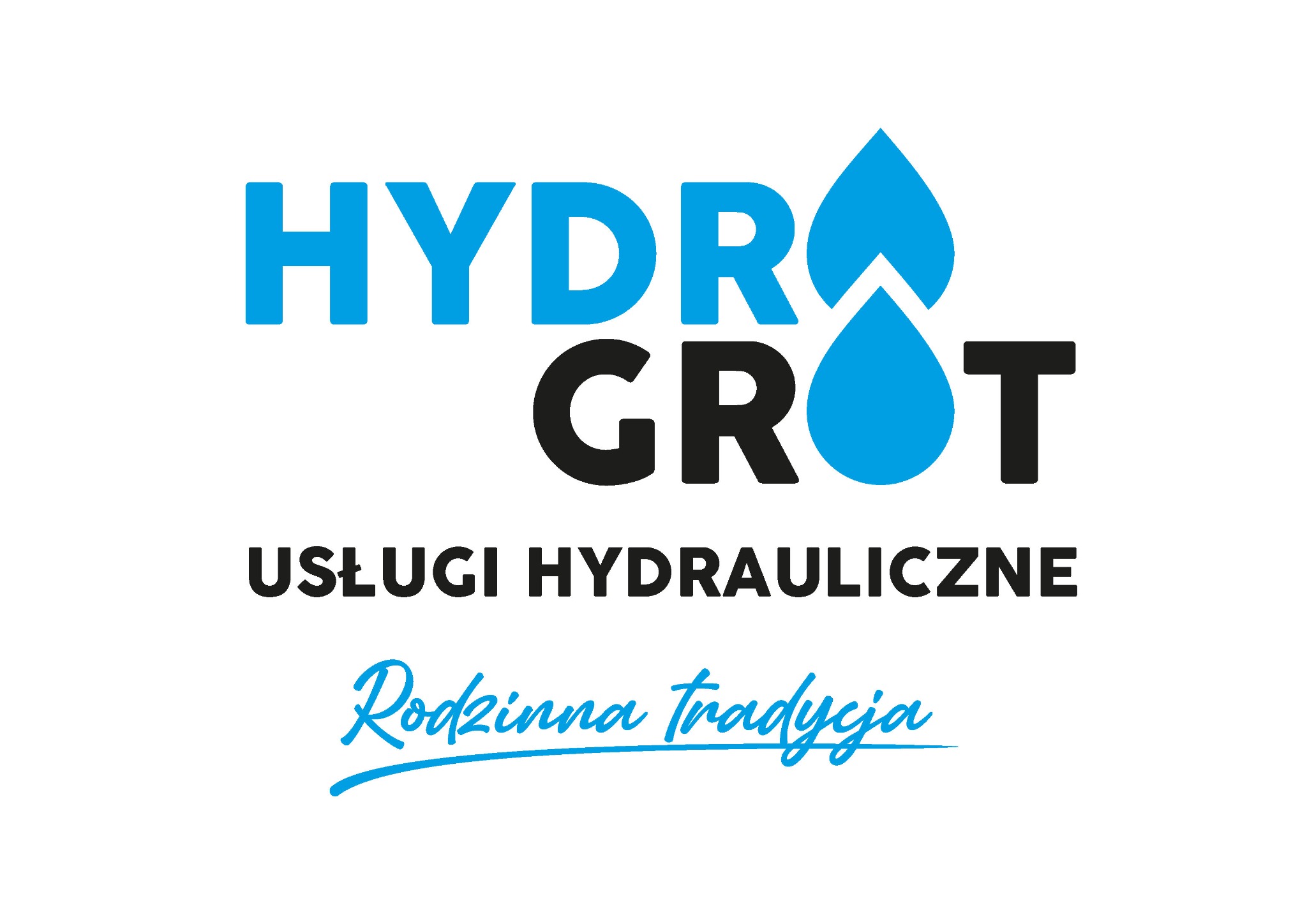 Logo firmy hydraulicznej Hydro Grot z niebieskimi kroplami wody i napisem 'Usługi Hydrauliczne. Rodzinna tradycja'.